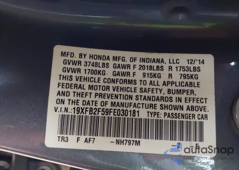 2015 Honda Civic Lx z USA, uszkodzony, nr VIN 19XFB2F59FE030181